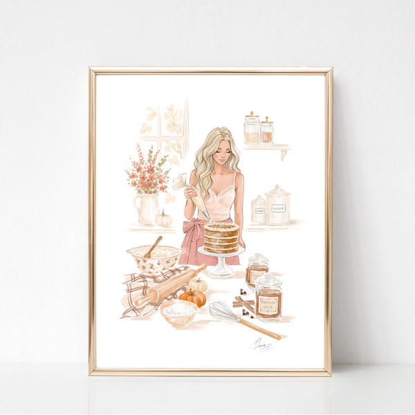 Fall Fashion Illustration Wall Art of girl decorating pumpkin pie
