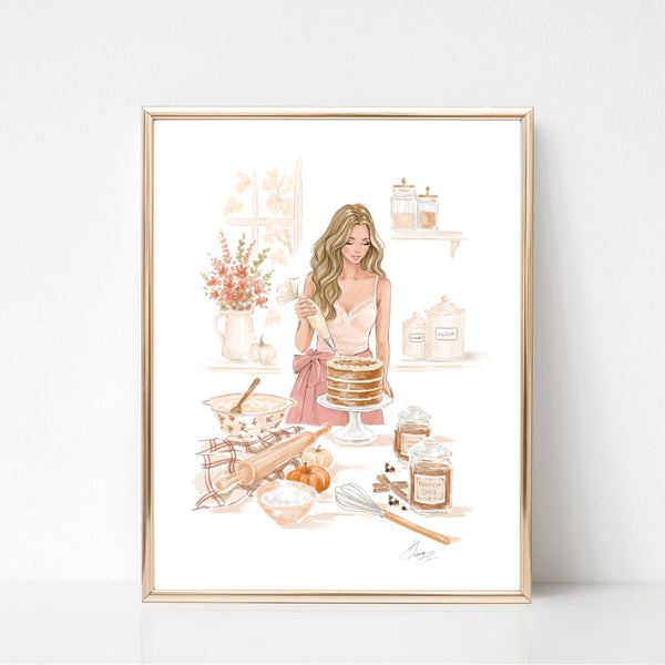 Fall Fashion Illustration Wall Art of girl decorating pumpkin pie