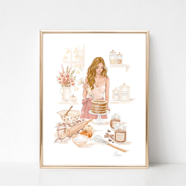 Fall Fashion Illustration Wall Art of girl decorating pumpkin pie