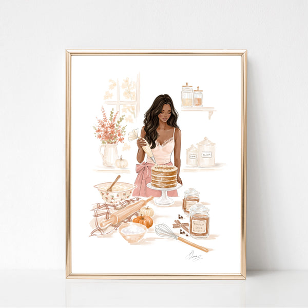 Fall Fashion Illustration Wall Art of girl decorating pumpkin pie