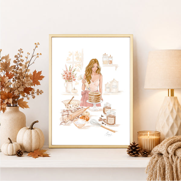 Fall Fashion Illustration Wall Art of girl decorating pumpkin pie