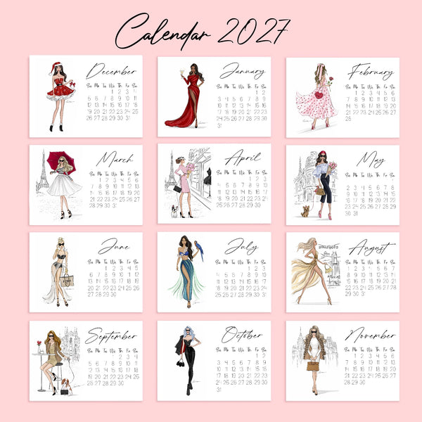 2027 Desk Calendar - Fashion Illustration Mini Calendar (FC-5)
