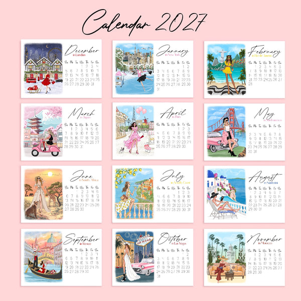 2027 Travel Calendar - Fashion Illustration Desk Mini Calendar (TC-2)