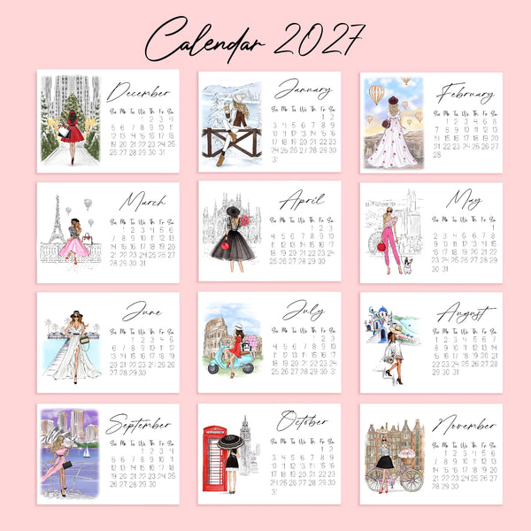 2027 Travel Calendar - Fashion Illustration Desk Mini Calendar (TC-1)