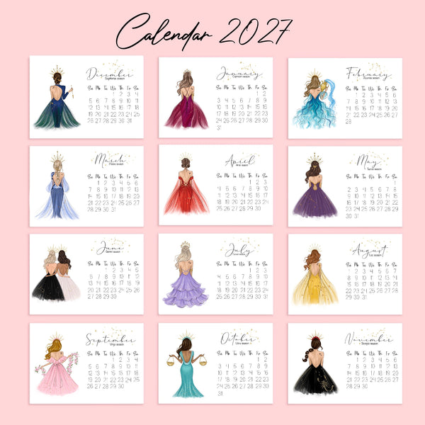 2027 Zodiac Desk Calendar - Fashion Illustration Mini Calendar
