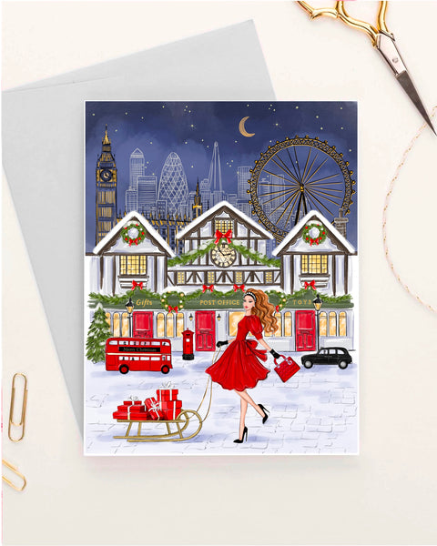 Christmas in London theme Set of 5 greeting cards fashion illustration