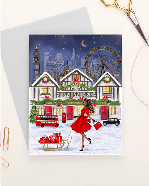 Christmas in London theme Set of 5 greeting cards fashion illustration