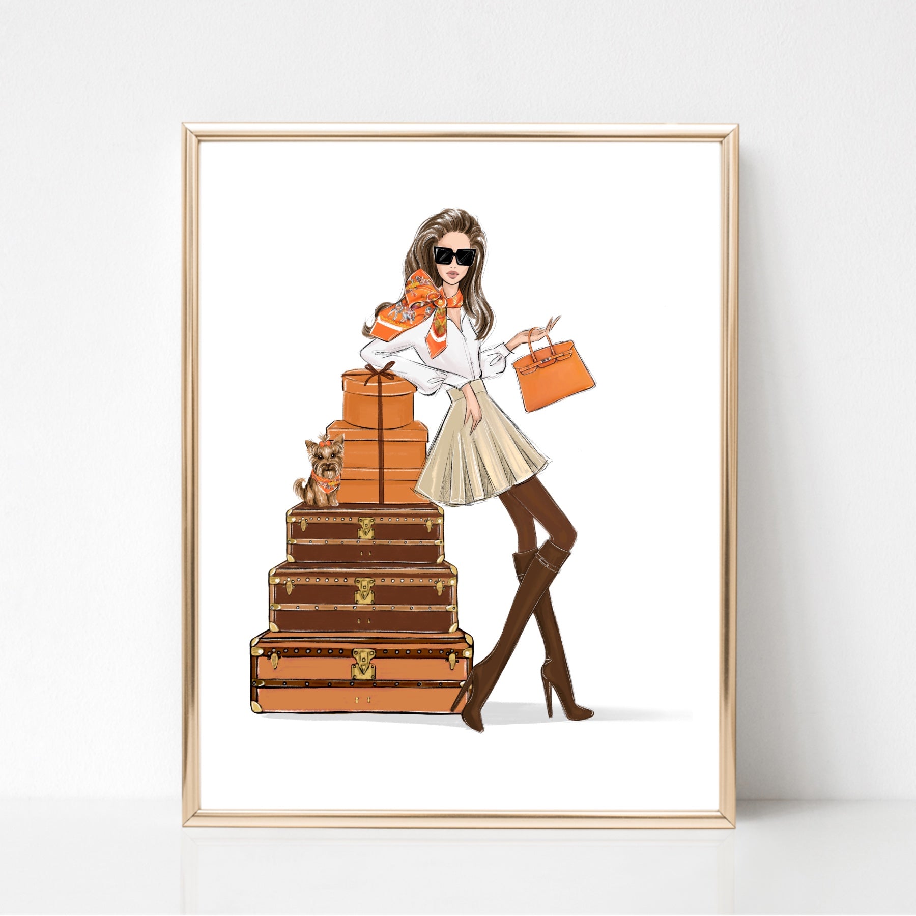 Fashion girl in classy outfit with vintage suitcases and gift boxes art print fashion illustration in orange tones