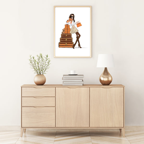 Fashion girl in classy outfit with vintage suitcases and gift boxes art print fashion illustration in orange tones