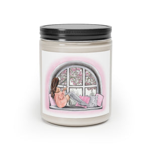 Scented Glass Jar Candle, 9oz with girl on window label. Vanilla or cinnamon stick scented candle