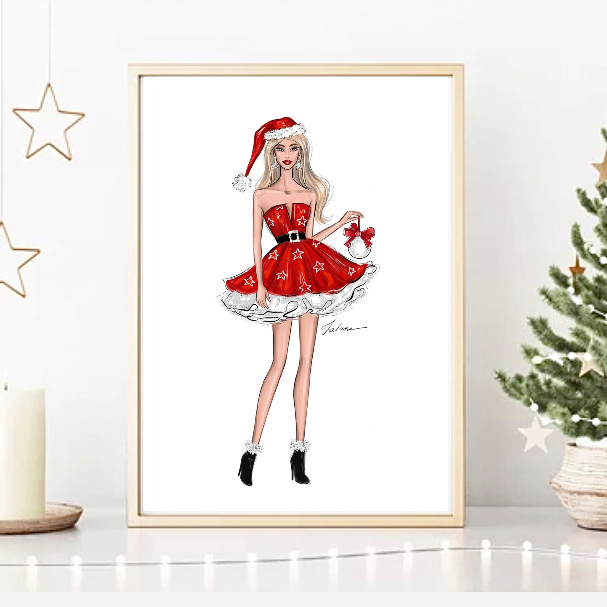 Santa Claus outfit girl Christmas art fashion illustration – Lalana Arts
