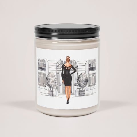 Scented Glass Jar Candle, 9oz with fancy girl in front of shop print on sticker. Vanilla or cinnamon scented candle
