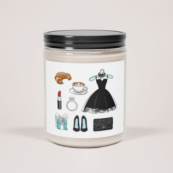 Scented Glass Jar Candle, 9oz with fashion girly essencials print on sticker. Vanilla or cinnamon scented candle