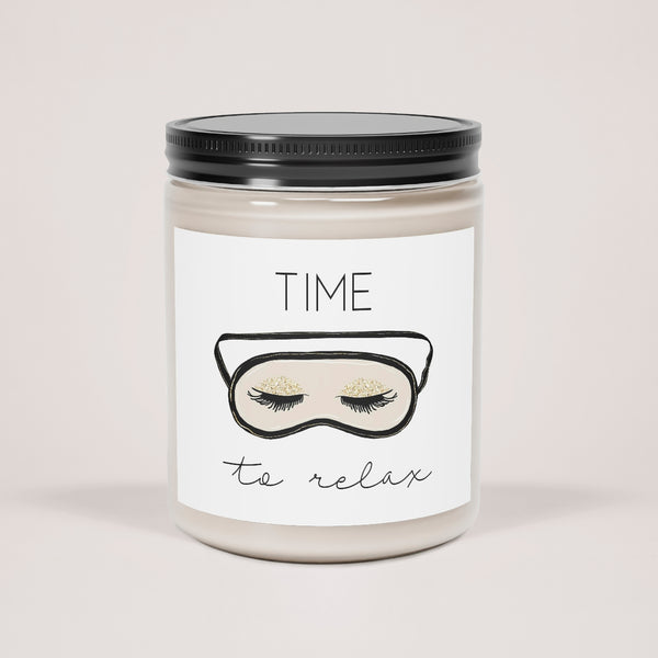 Scented Candle, 9oz with Time to Relax girly fashion print on sticker. Vanilla or cinnamon stick scented candle