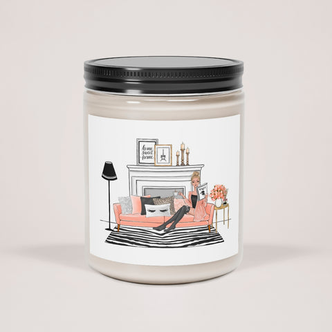 Scented glass jar Candle, 9oz with cozy at home girly print on sticker. Vanilla or cinnamon scented candle