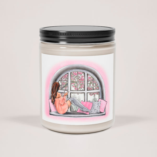 Scented Glass Jar Candle, 9oz with girl on window label. Vanilla or cinnamon stick scented candle