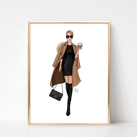 Fall outfit girl with coffee art print fashion illustration
