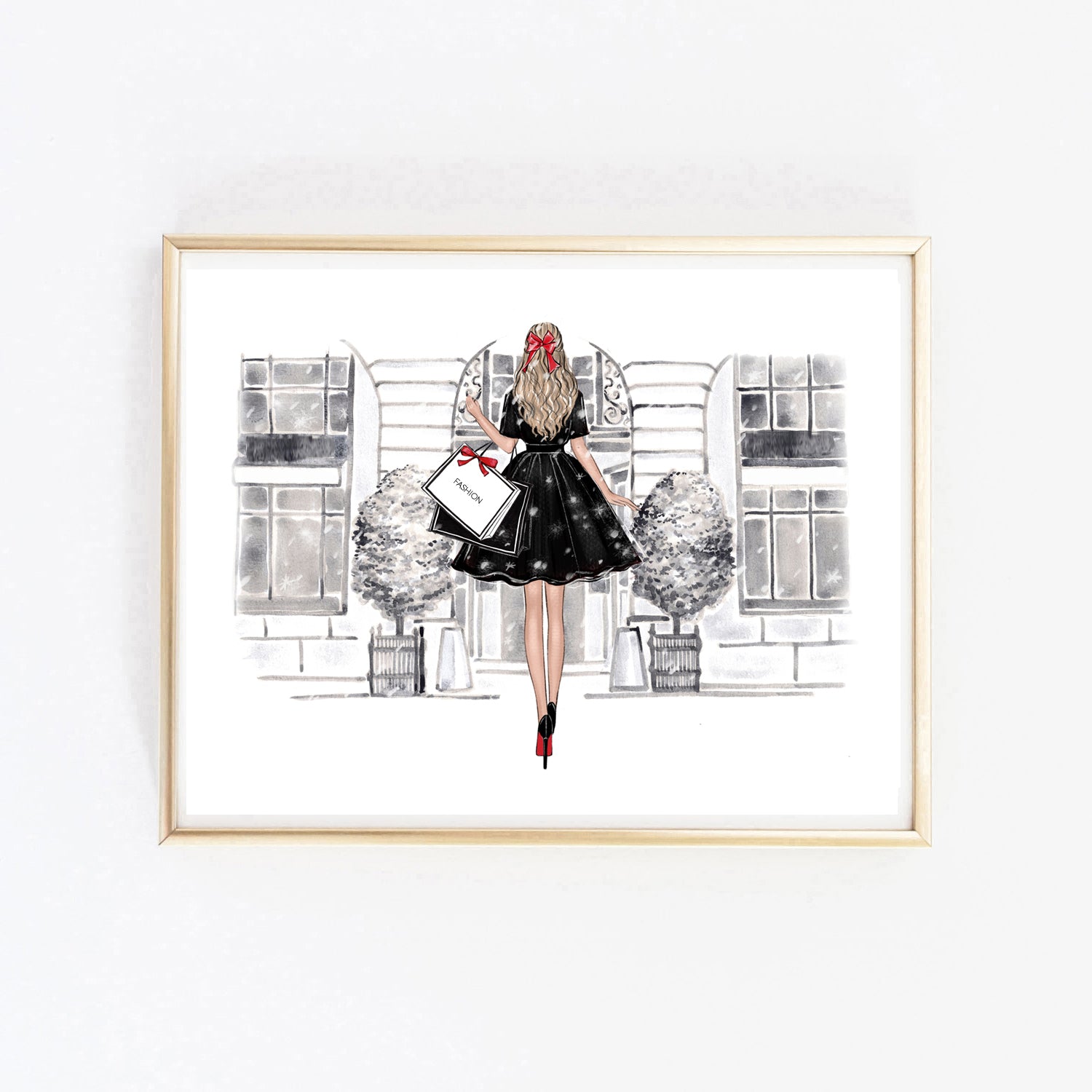 Christmas art fashion illustration of a girl in front of the shop vitrine