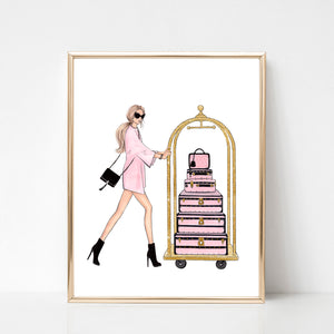 Girl with suitcases fashion illustration art print on paper