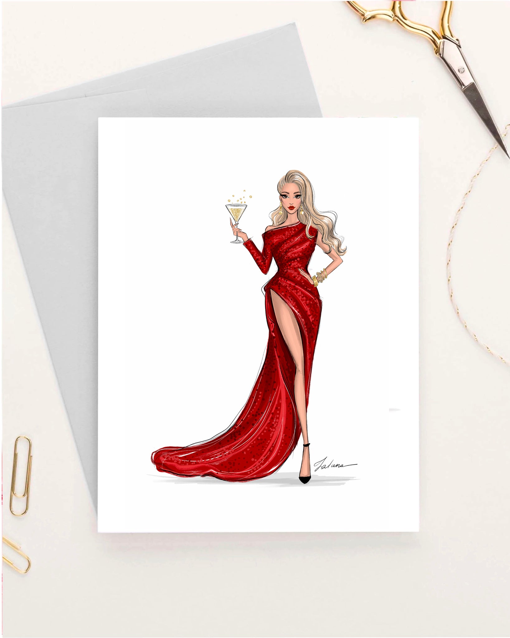 Girl in red gown Christmas theme Set of 5 greeting cards fashion illustration