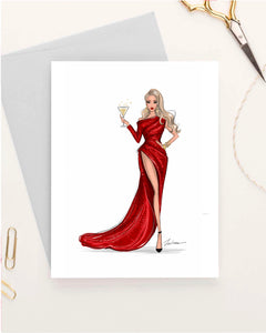 Girl in red gown Christmas theme Set of 5 greeting cards fashion illustration