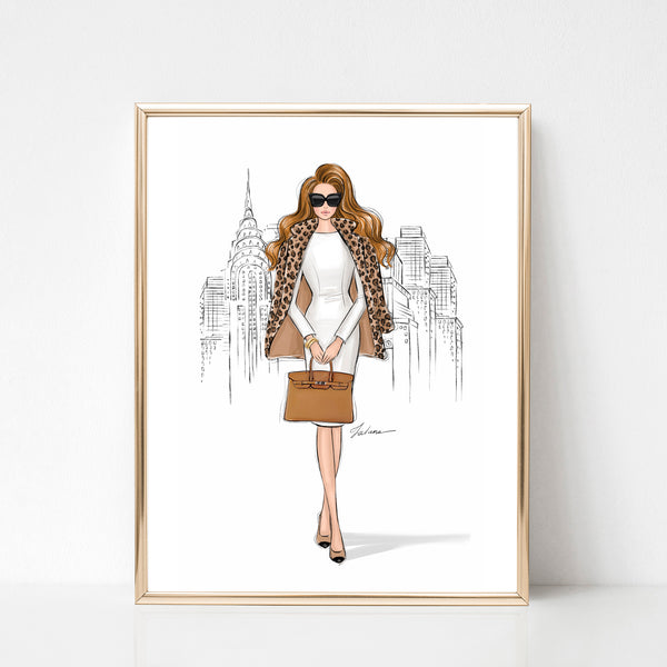 Girl in New York in Leopard Jacket art print fashion illustration