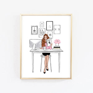 Boss girl in office art print fashion illustration girly wall art