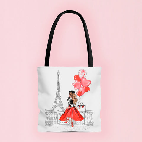 Girl in Paris with heart balloons tote bag