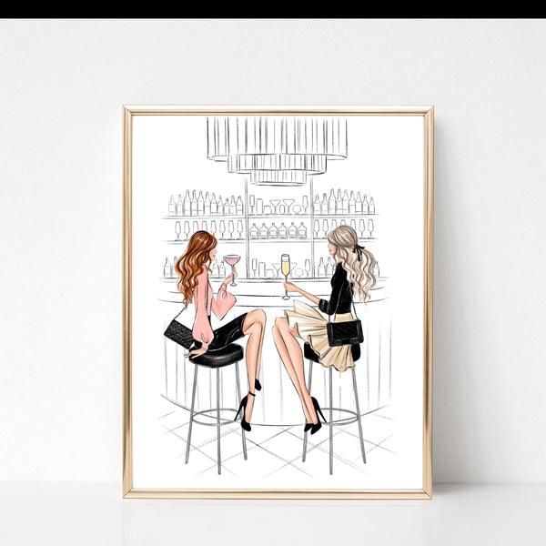 Customizable art print fashion illustration of 2 girlfriends in the bar