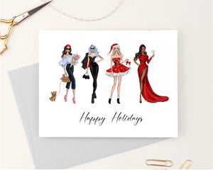 Happy Holidays Fashion Girls Christmas theme Set of 5 greeting cards fashion illustration
