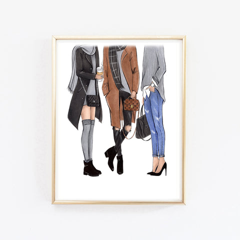 Fall fashion illustration art print in cozy beige tones of 3 ladies in casual outfit
