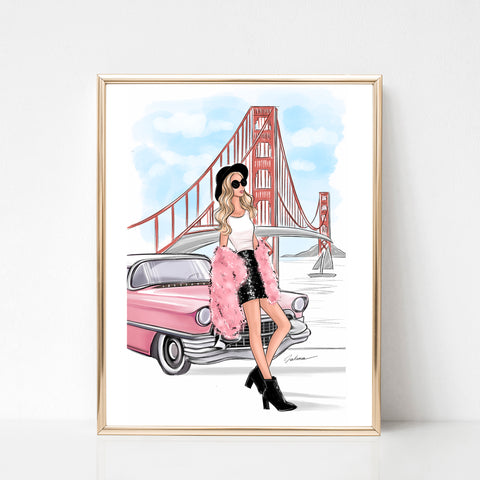 Girl in San Francisco on pink car art print fashion illustration