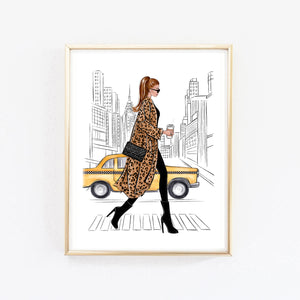 Girl with coffee in New York art print fashion illustration