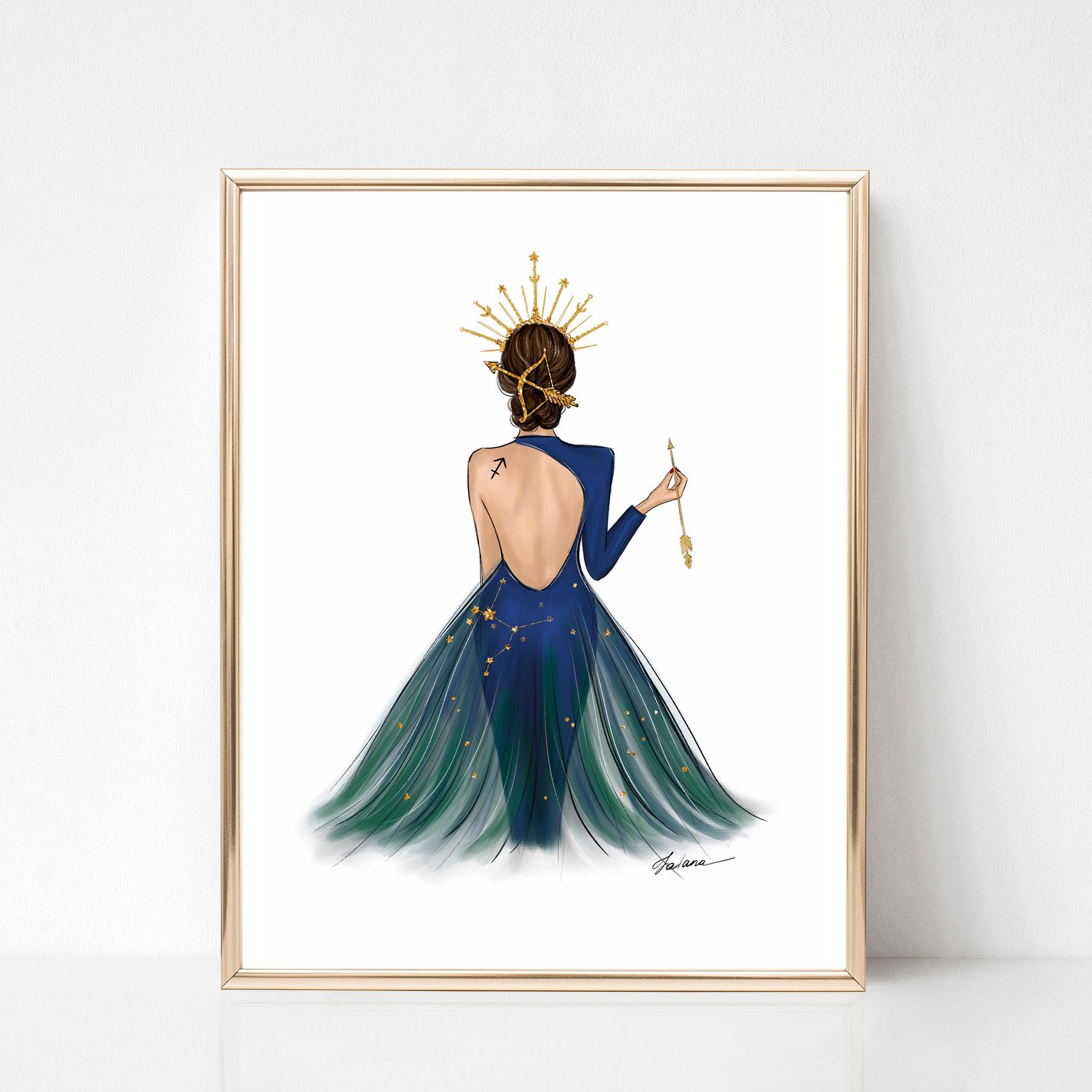 Sagittarius Sign Girl in blue dress Zodiac inspired fashion illustration art print