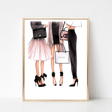3 fashionista girls on shopping art print fashion illustration