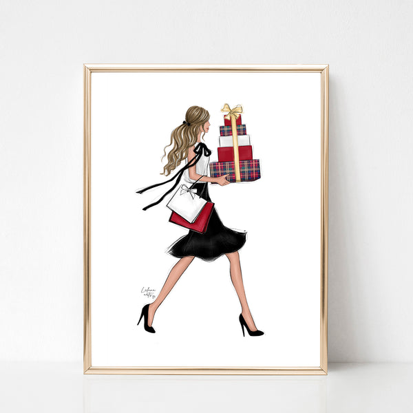 Christmas art fashion illustration of a sassy girl with gifts