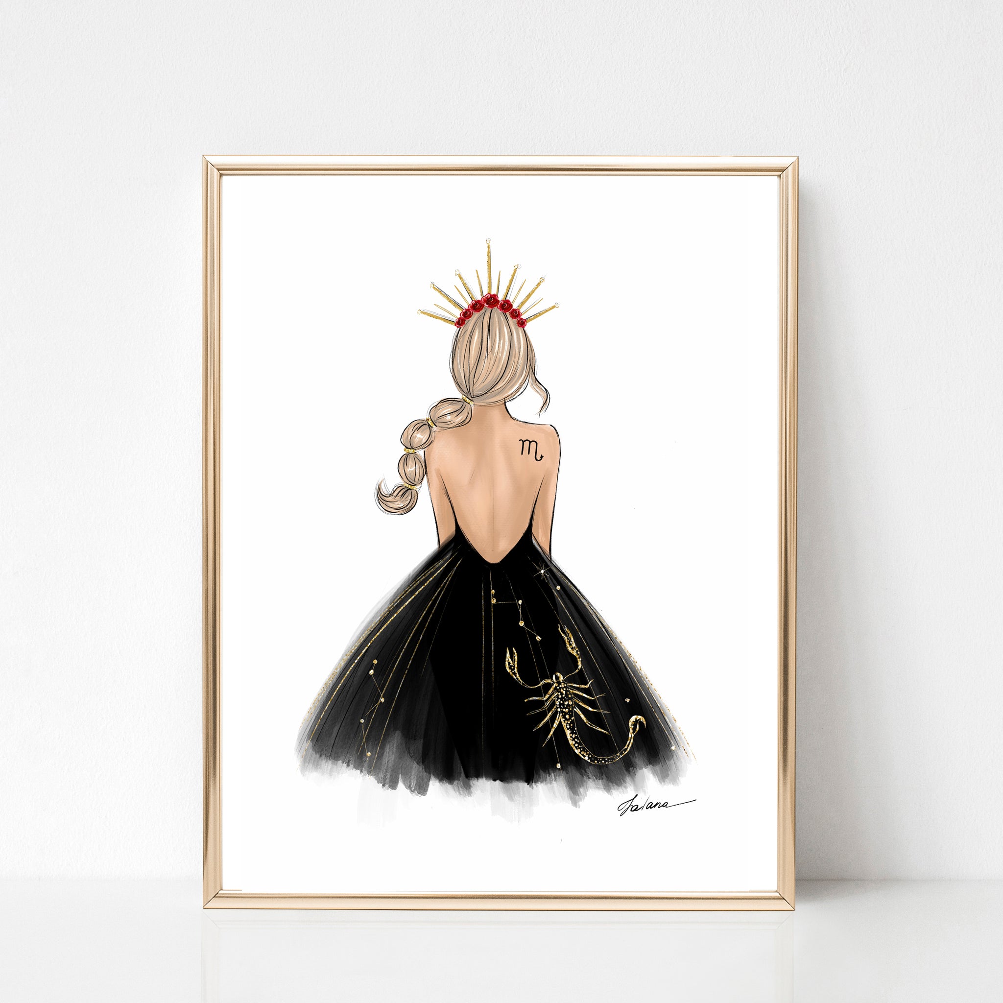 Scorpio Sign Girl in black dress Zodiac inspired fashion illustration art print