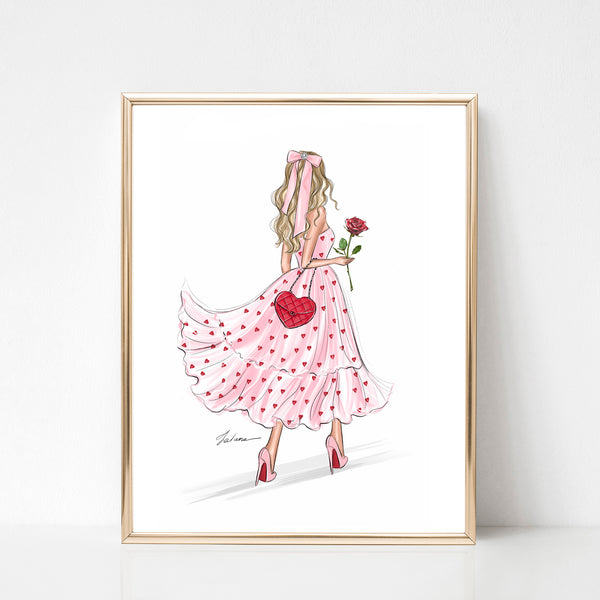 Girl in hearts dress with rose art print fashion illustration