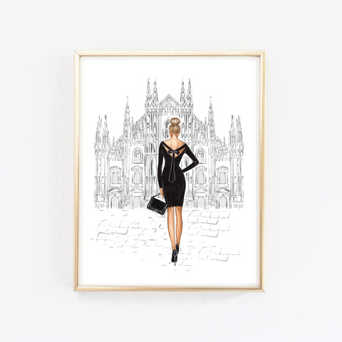 Lady in black dress in Milan art print fashion illustration