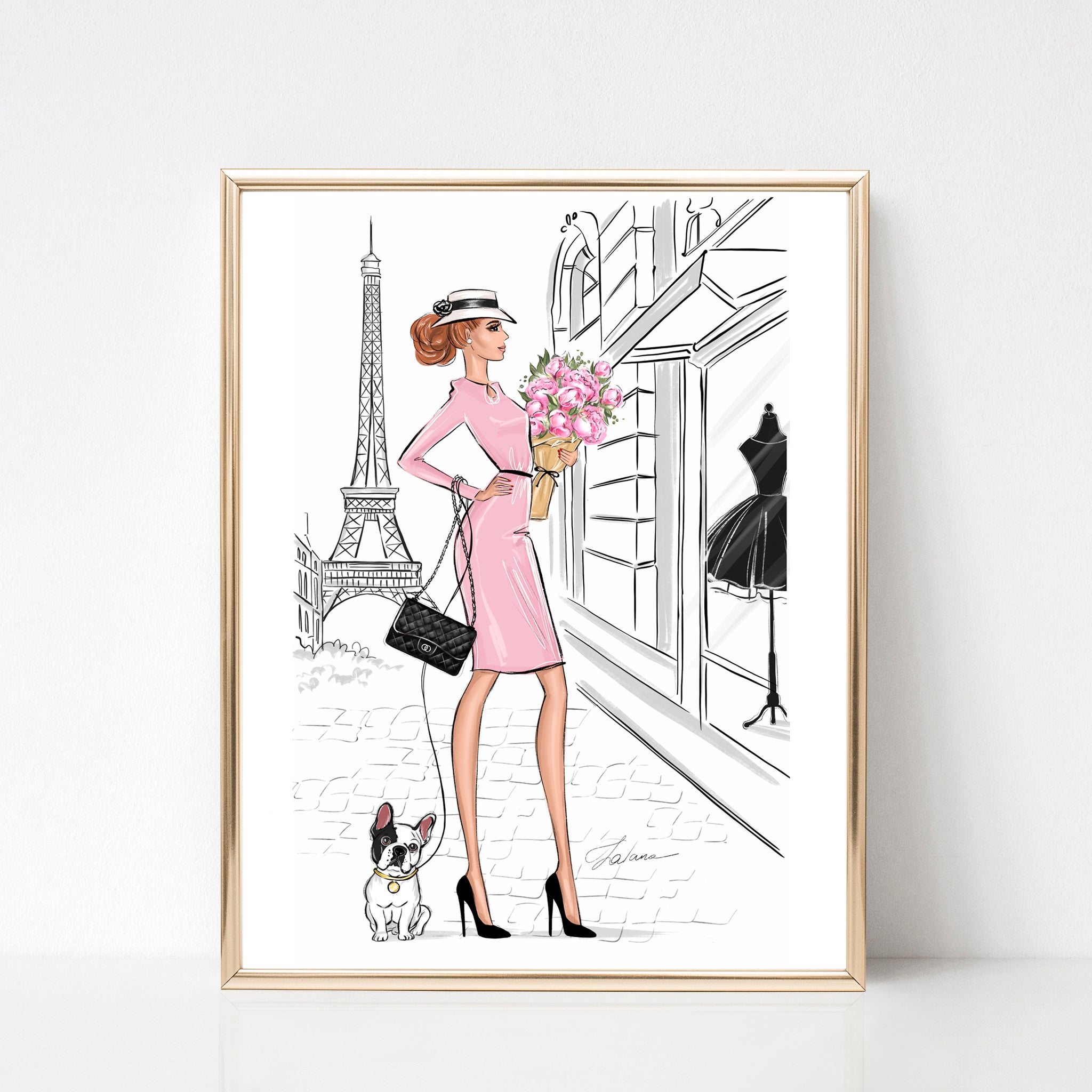 Spring in Paris, Lady with French Bulldog chic girly fashion illustration art print