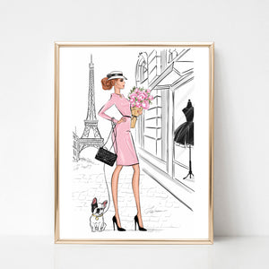 Spring in Paris, Lady with French Bulldog chic girly fashion illustration art print