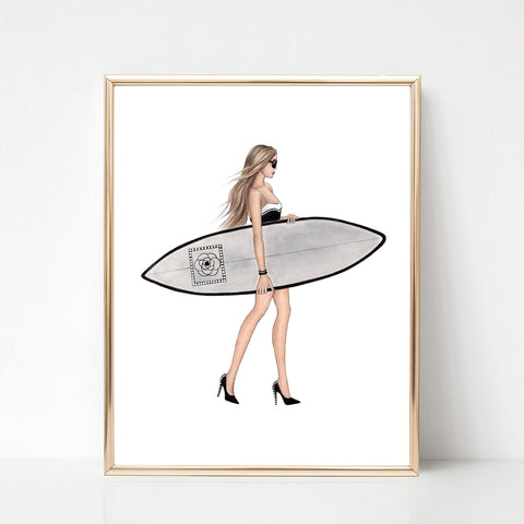Surfer girl art print fashion illustration