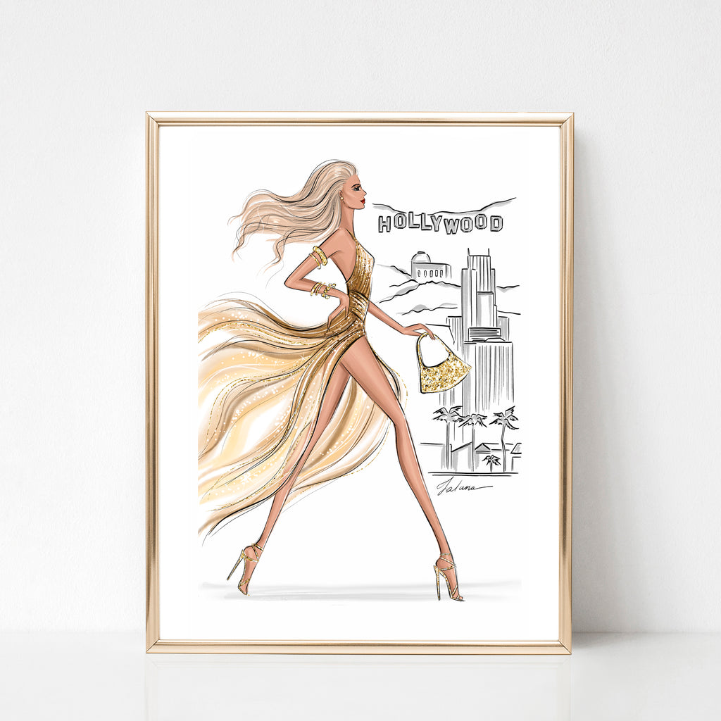Hollywood Girl in gold glitter dress summer art print fashion illustra – Lalana Arts