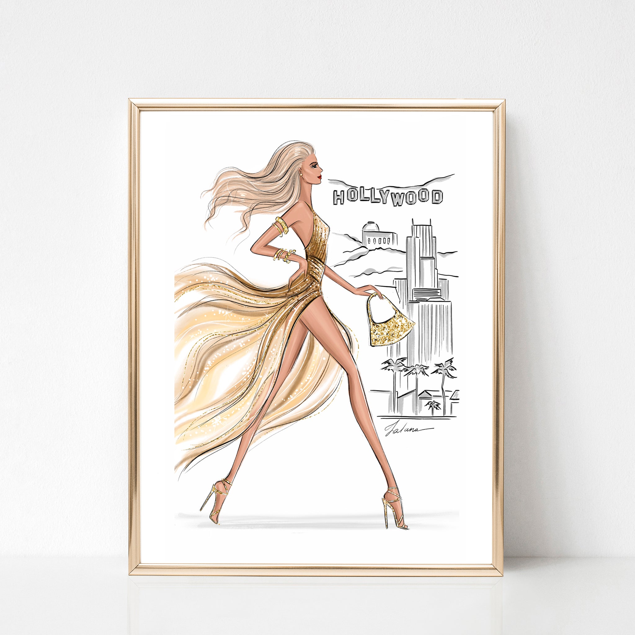 Hollywood Girl in gold glitter dress summer art print fashion illustra – Lalana Arts