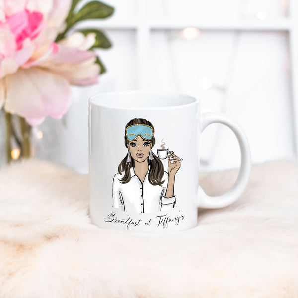 Morning with Audrey ceramic Mug 11oz. Fashion illustration coffee mug.