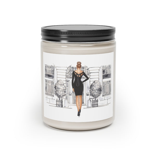 Scented Glass Jar Candle, 9oz with fancy girl in front of shop print on sticker. Vanilla or cinnamon scented candle