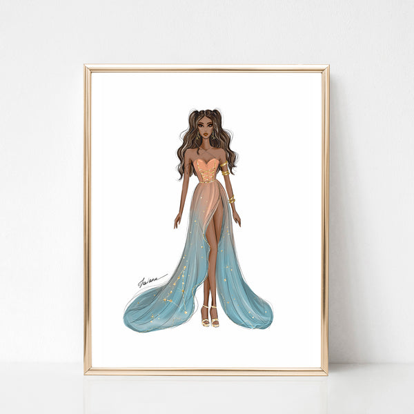 Capricorn Sign Girl in blue or cream dress Zodiac inspired fashion illustration art print