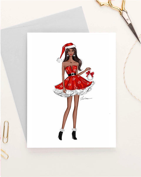 Santa Girl Christmas theme Set of 5 greeting cards fashion illustration