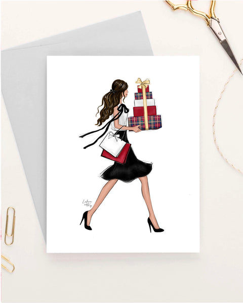 Girl with gifts Christmas theme Set of 5 greeting cards fashion illustration