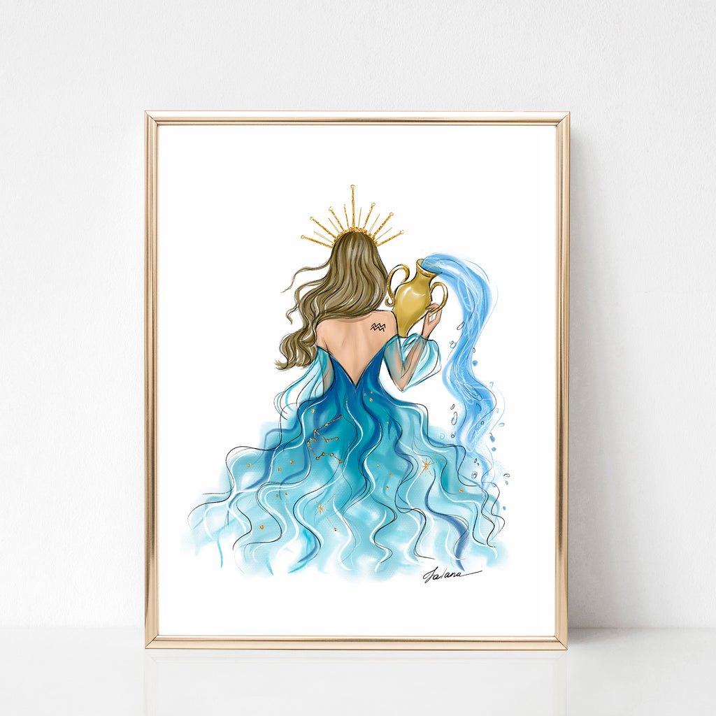 Aquarius Sign Girl in blue dress Zodiac inspired fashion illustration – Lalana Arts